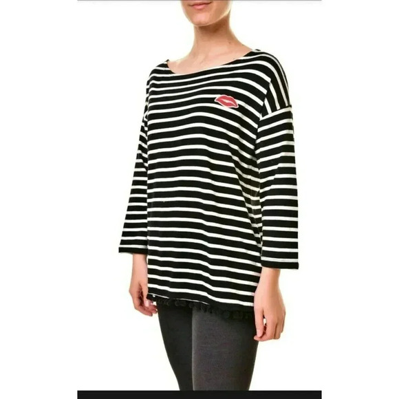Sundry size US 1 Maritime Striped Black Lips 3/4 Sleeve Pullover pompom Women’s - Picture 1 of 12